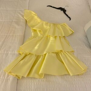 ASOS LUXE SATIN RUFFLE OFF SHOULDER MINI DRESS IN LEMON-YELLOW